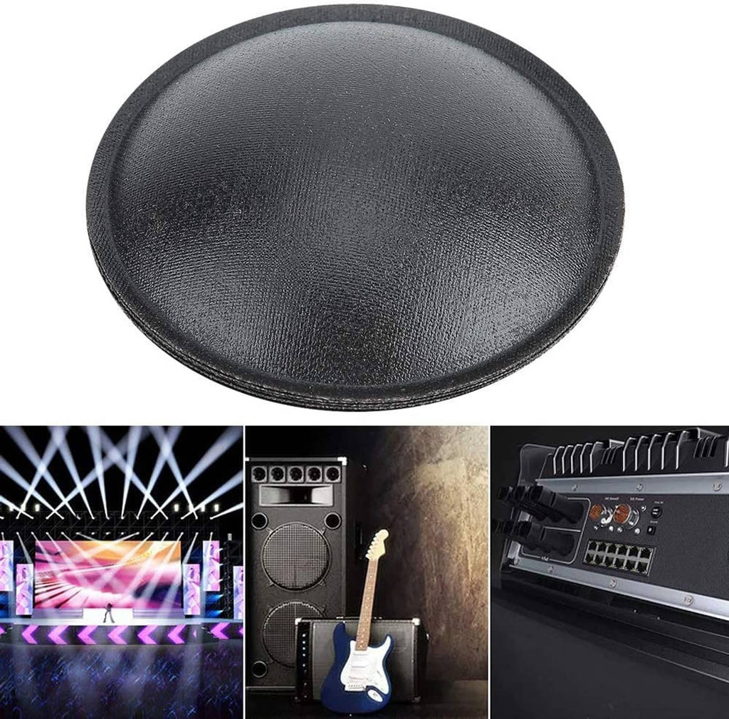 Black speaker dust cap dome, close-up of curved round fabric surface