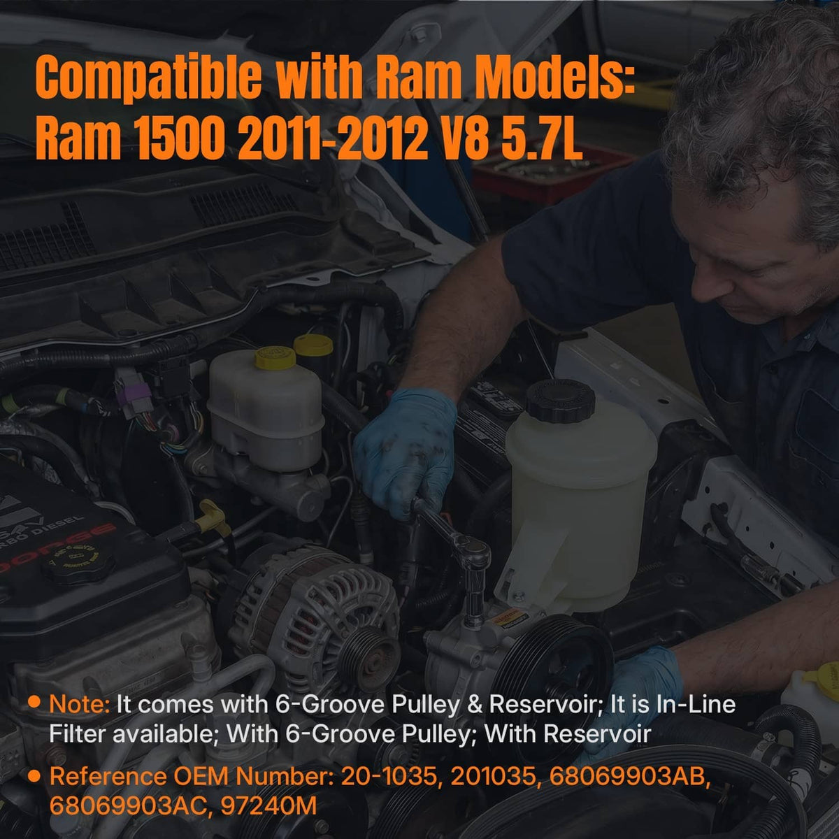Power steering pump compatibility graphic with text and engine bay background.