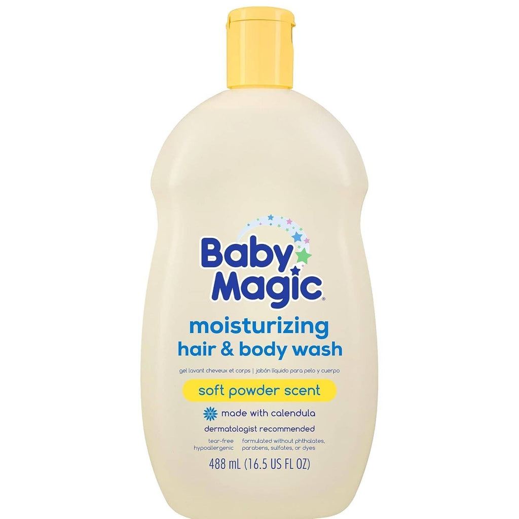 Baby Magic moisturizing hair & body wash bottle, soft powder scent, white.