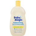 Baby Magic moisturizing hair & body wash bottle, soft powder scent, white.