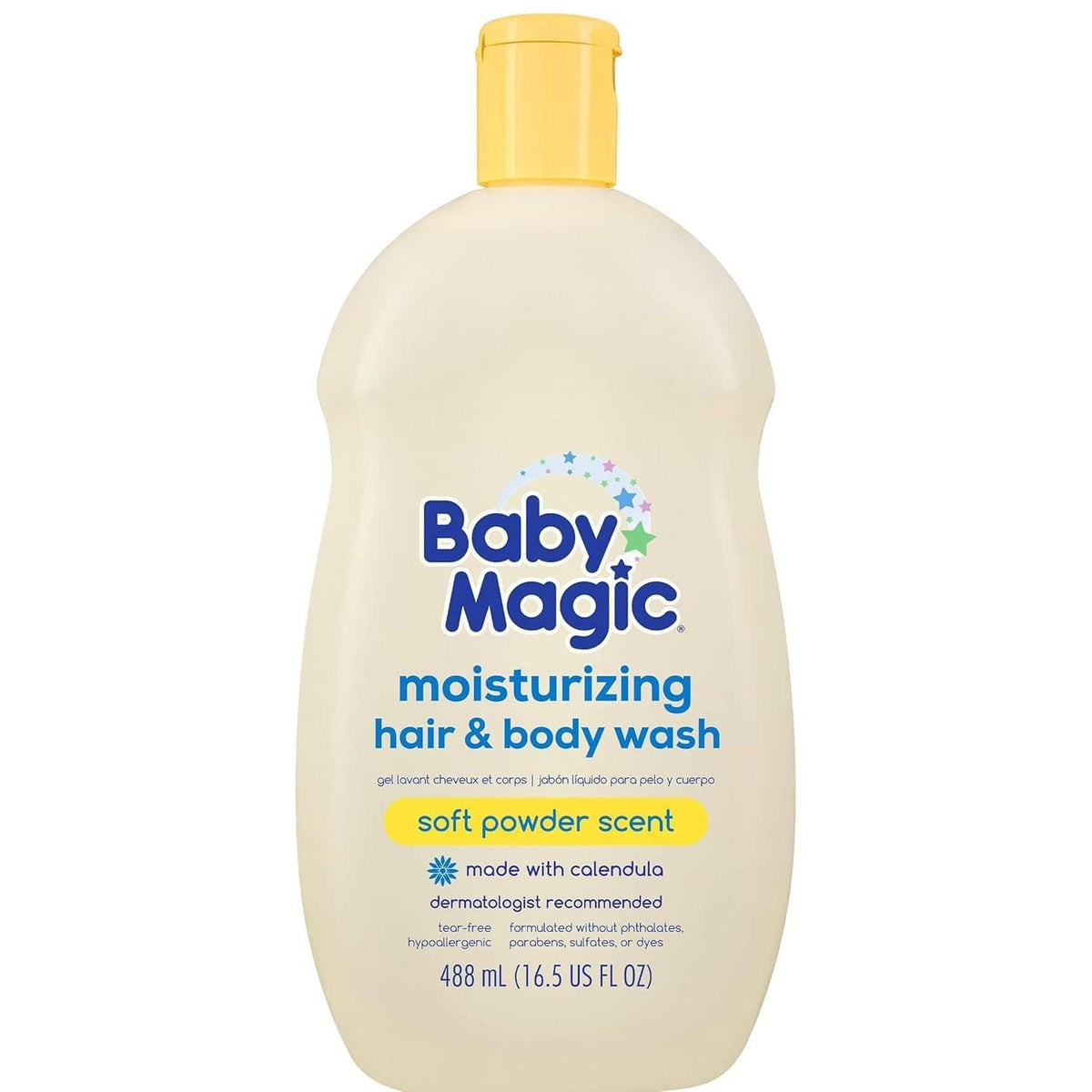 Baby Magic moisturizing hair & body wash bottle, soft powder scent, white.