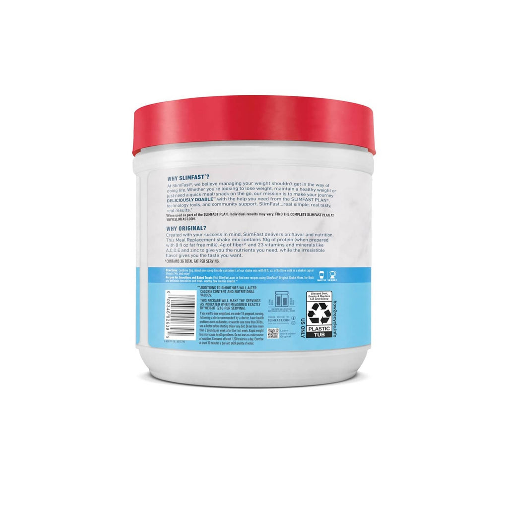 Slimfast meal replacement powder tub back label with ingredients and directions