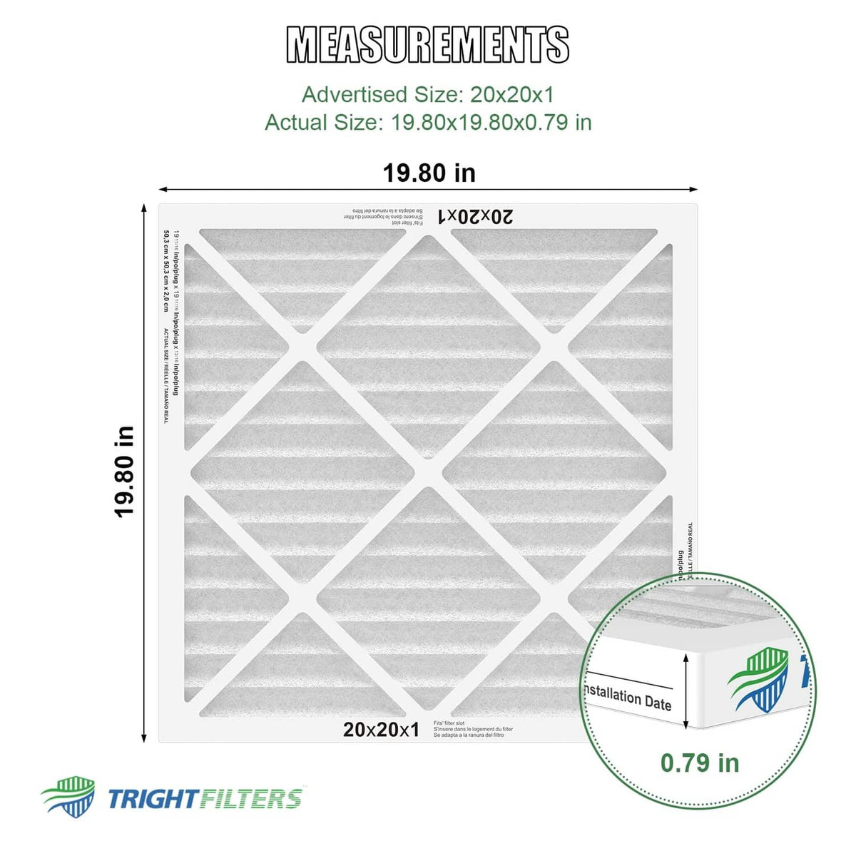 Gray-pleated air filter panel with white grid, 19.80 in square dimensions