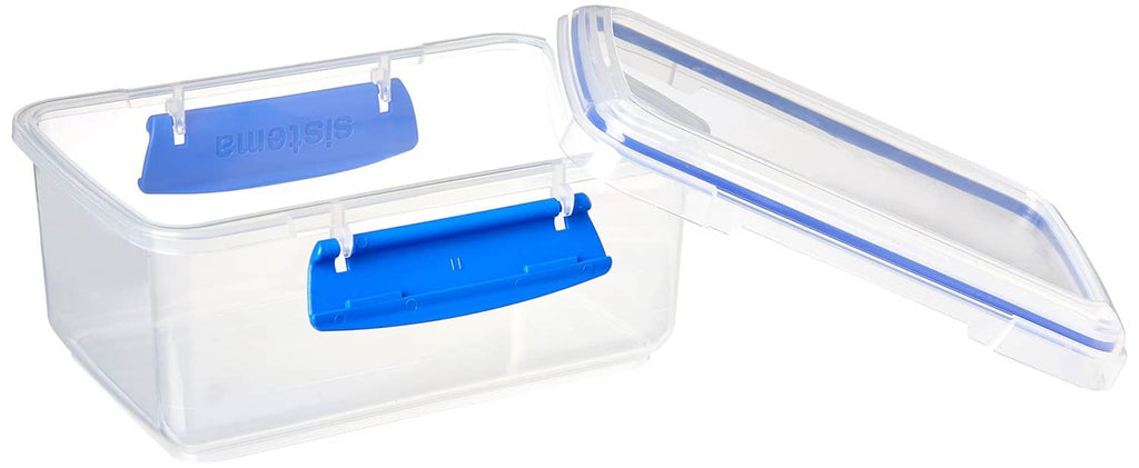 Rectangular food storage container with hinged blue snap lid, clear walls