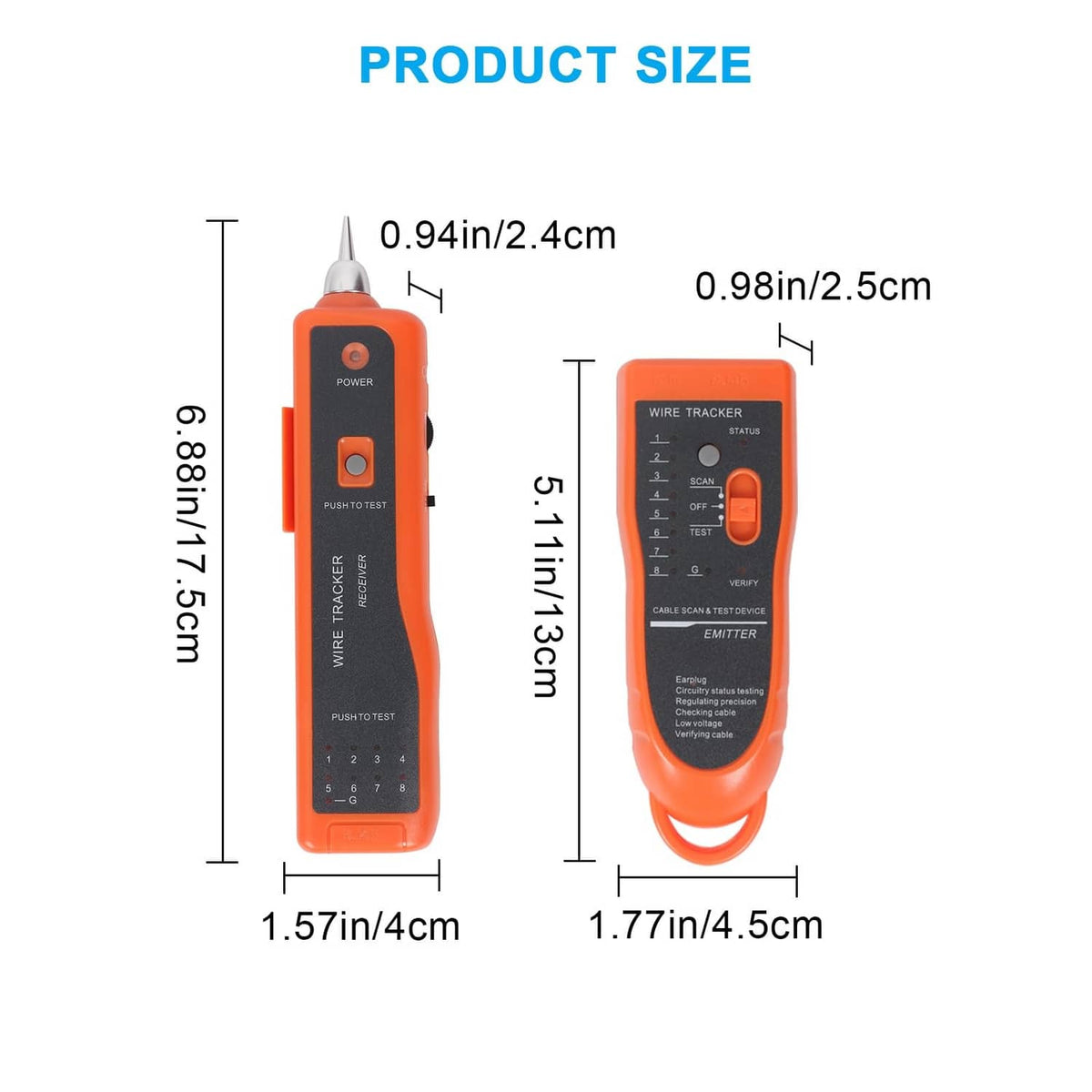 Orange wire tracker network tester size view, compact handheld front and back