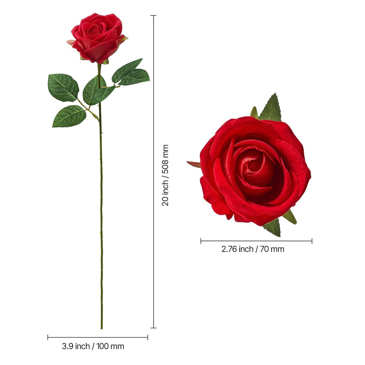 Red artificial rose on a long green stem with leafy sprig