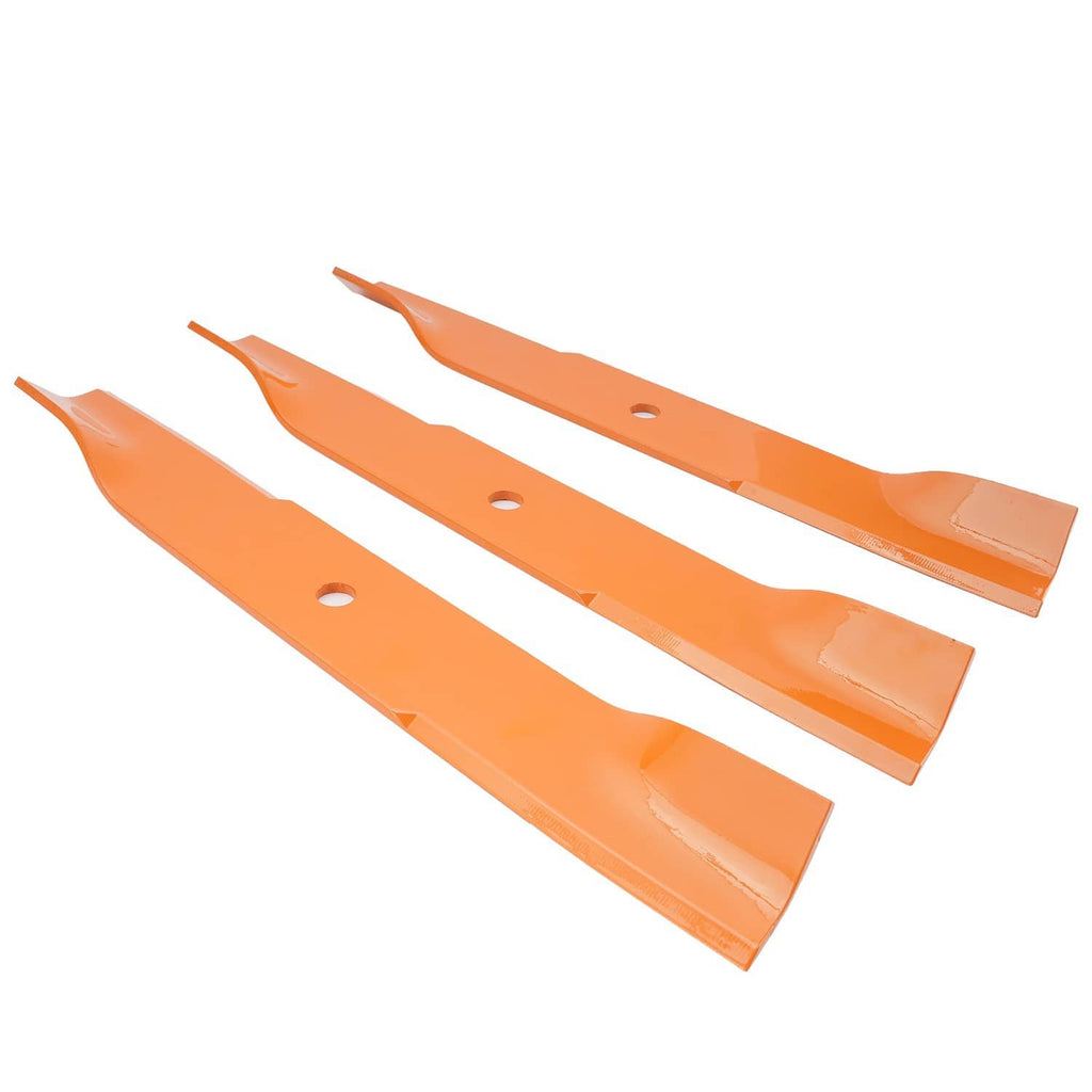 Three orange mower deck blades with mounting holes, angled long-edge view