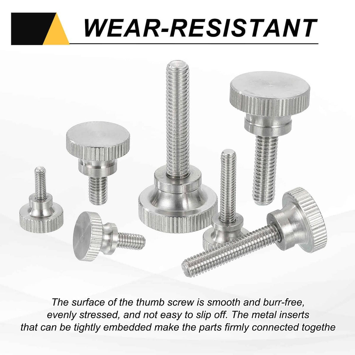 Stainless thumb screws with knurled heads and long threaded shafts, assorted angles