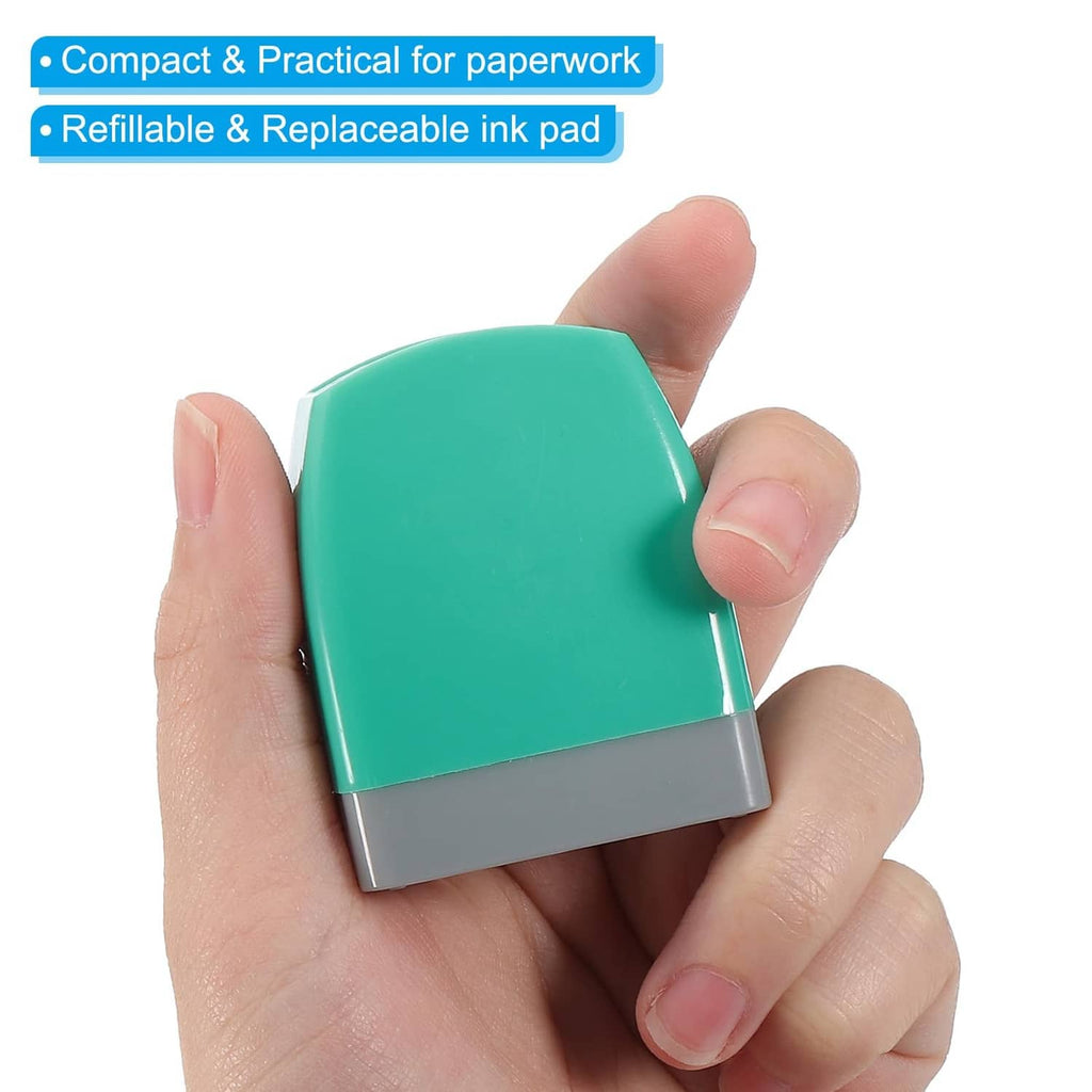Green self-inking cash stamp compact size, held in hand over white background