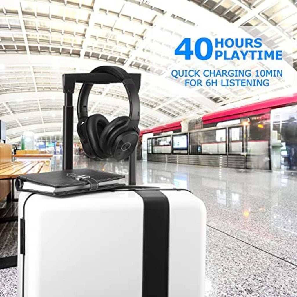 Black over-ear wireless headphones with travel case on a luggage handle