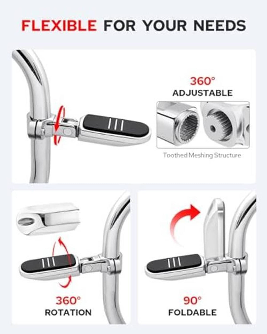 Chrome adjustable highway peg with black rubber pad and rotating clamp joint