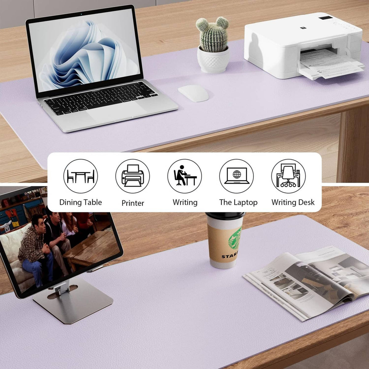 Lavender PU leather desk pad protector on a work table with laptop and office items