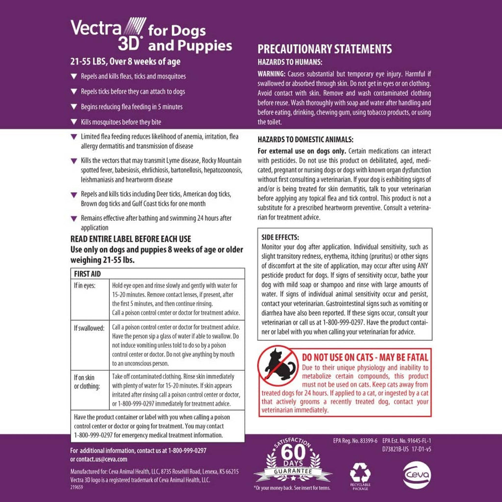 Vectra 3D for Dogs facts panel with directions, precautions, and first-aid info