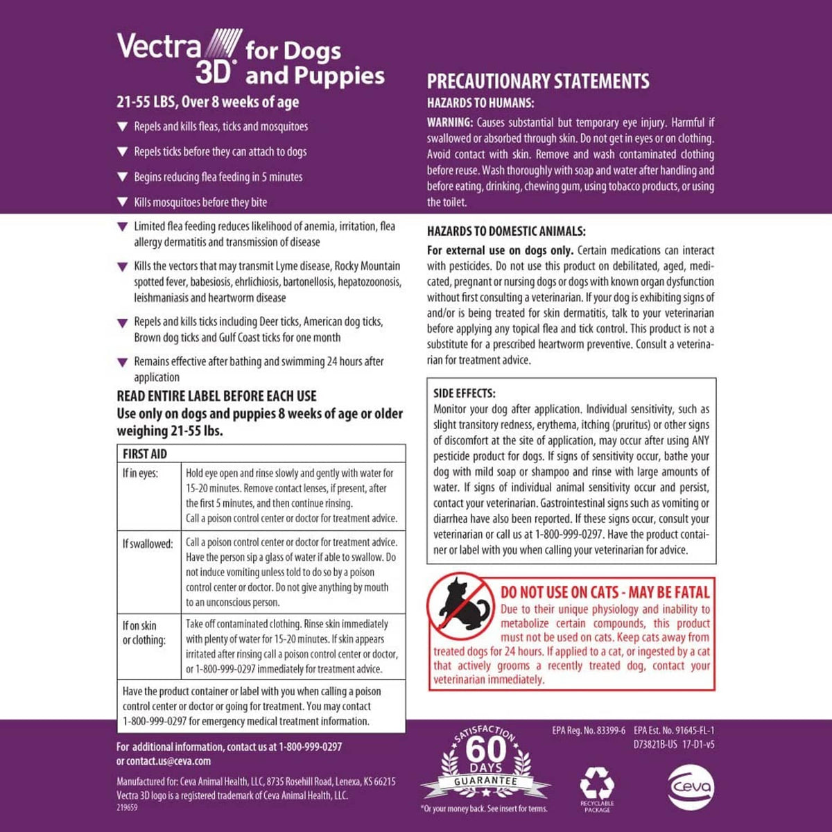 Vectra 3D for Dogs facts panel with directions, precautions, and first-aid info