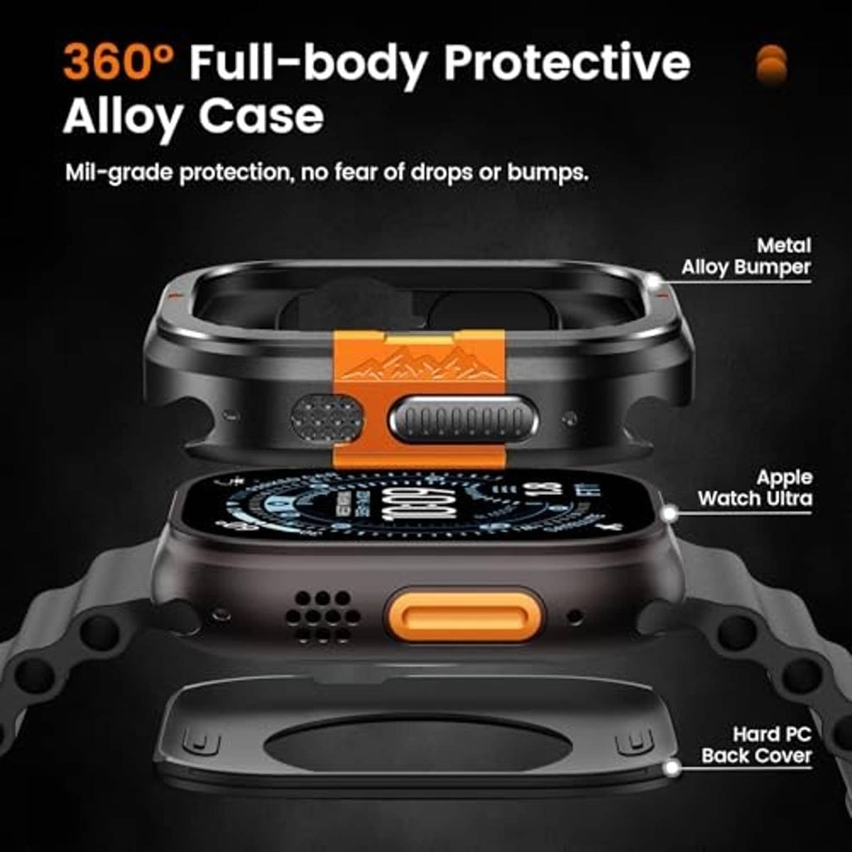 Black 360° protective alloy case with orange bumper and hard back cover