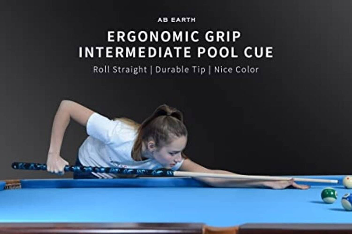 Blue intermediate pool cue with ergonomic grip on a playing surface.