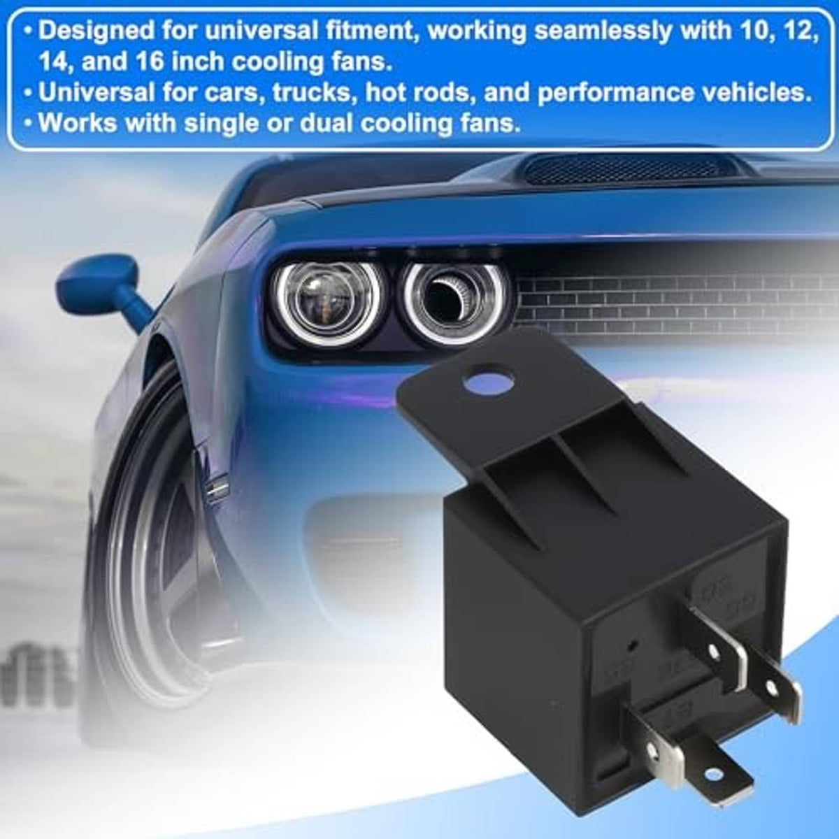 Electric radiator fan relay with black mounting bracket for vehicle cooling fan wiring