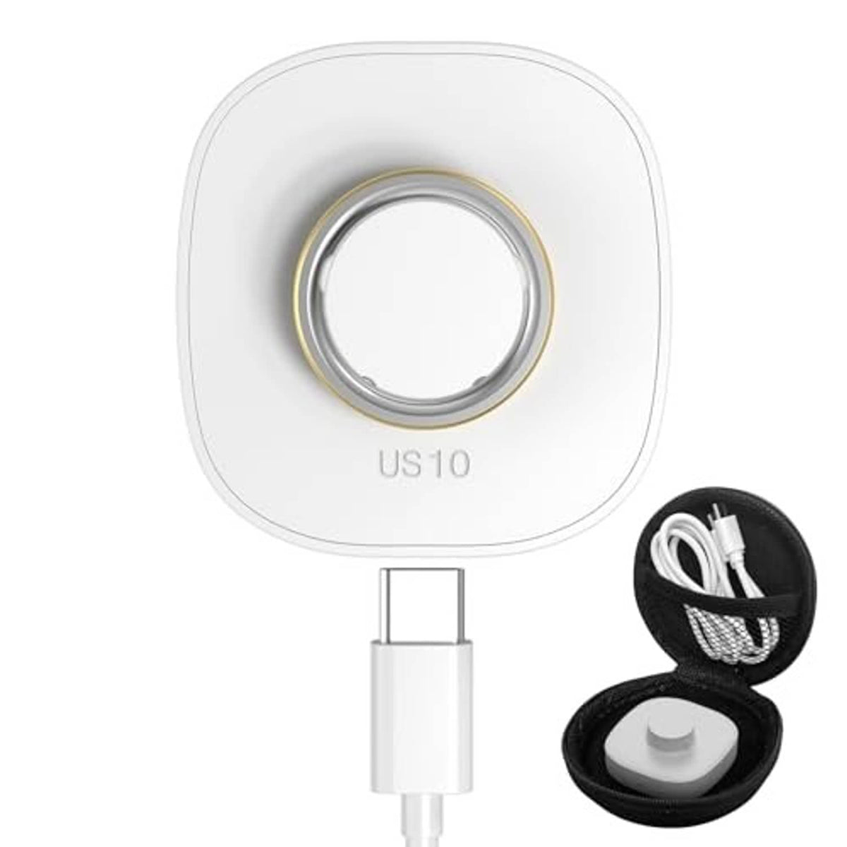 White ring charger base with gold contact ring, plus black travel case and cable