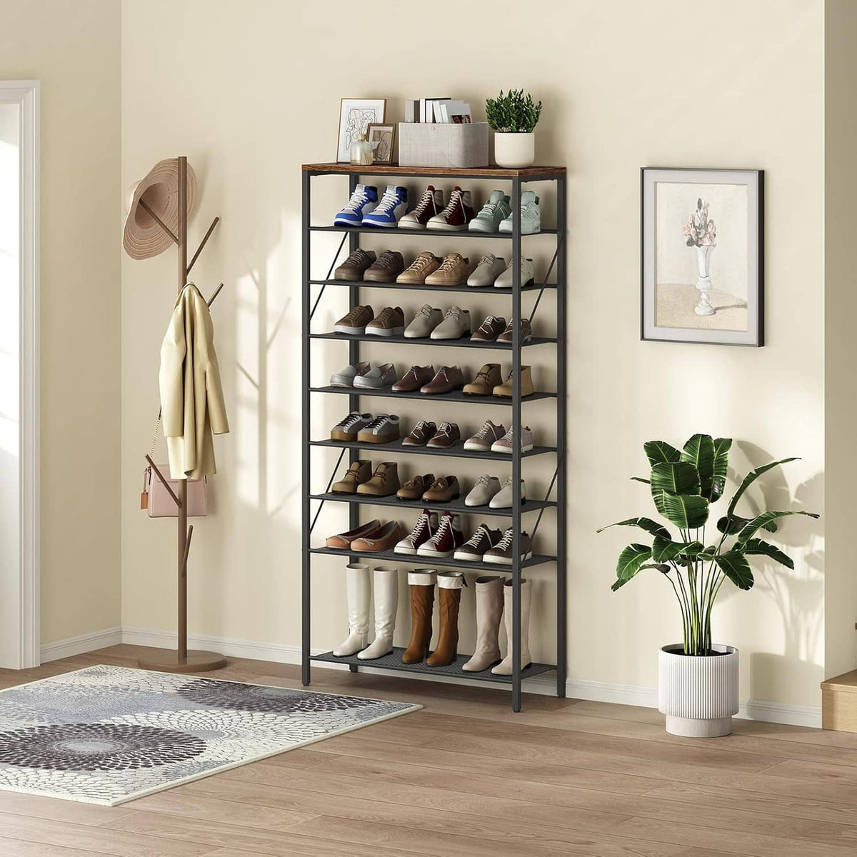 Black 10-tier shoe rack organizer with gray shelves and wooden top, holding multiple shoe pairs.