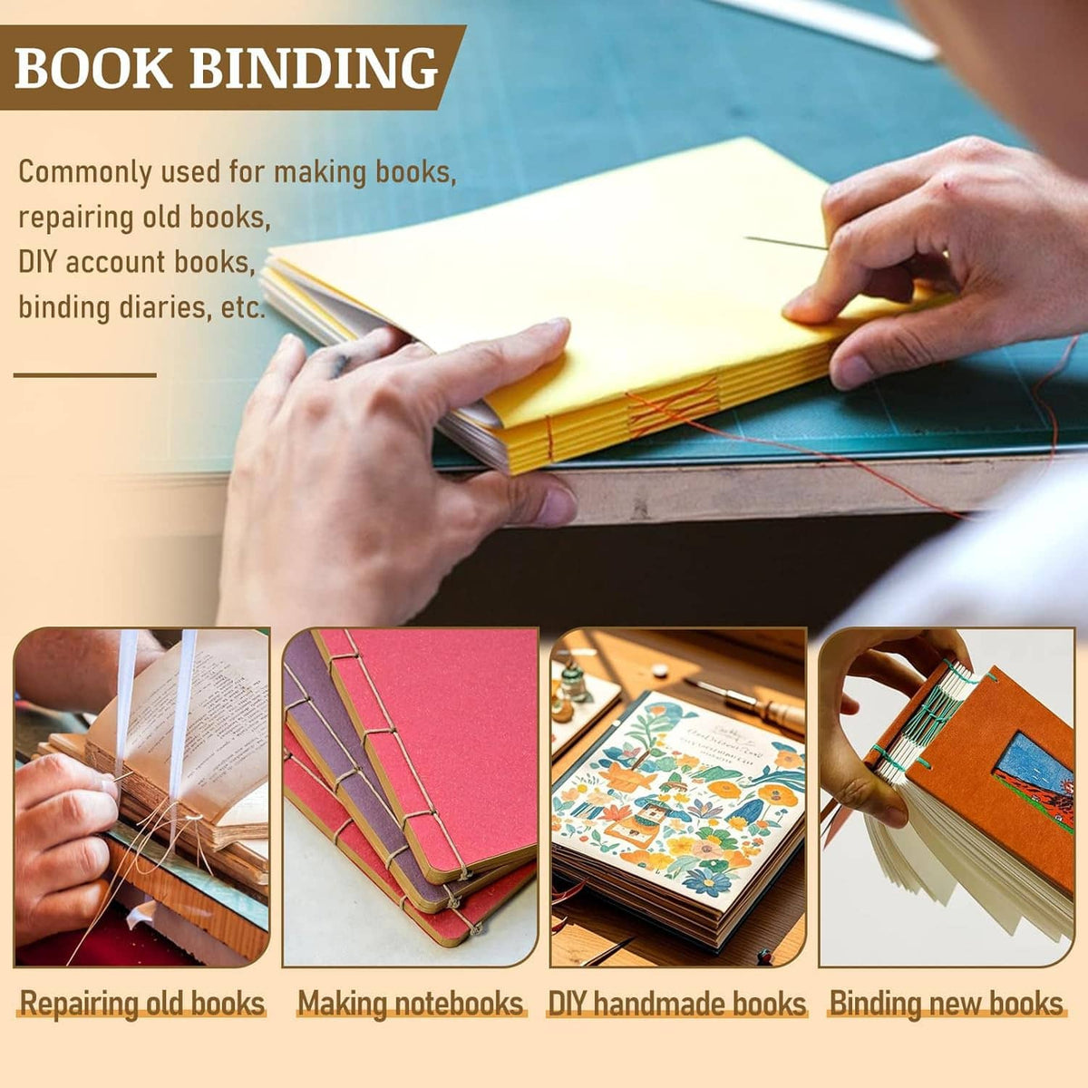 Book binding kit with hands using bone folder and wax thread to bind notebook pages