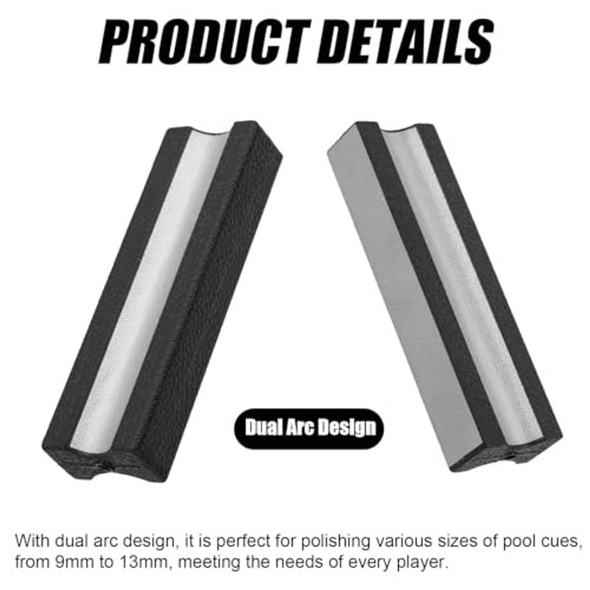 Dual-arc pool cue tip shaper tool pair, black textured sides with silver grinding strips