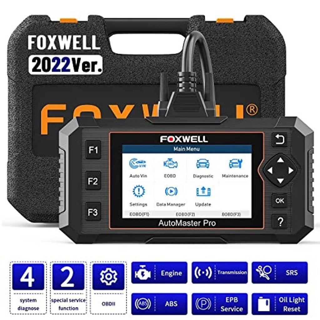 FOXWELL AutoMaster Pro handheld OBD2 scanner with display, keypad, and connector port, black
