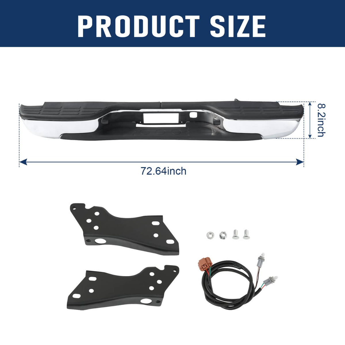 Black rear step bumper with chrome trim, mounting plates and wiring kit, size diagram
