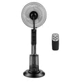 Black standing misting fan with circular grille, base, and visible water tank