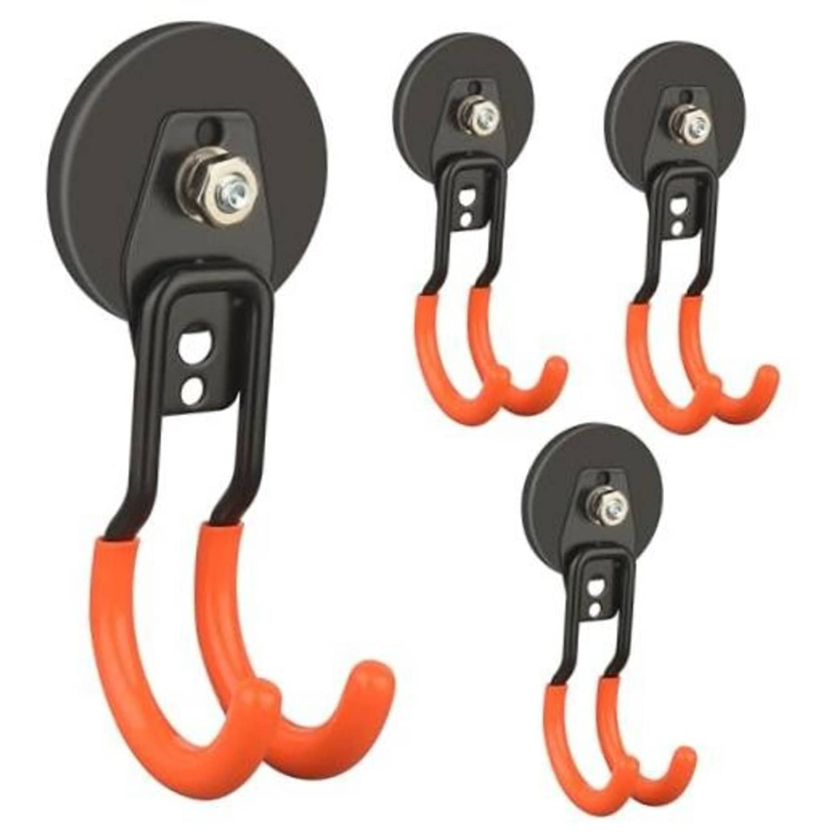 Set of orange U-shaped magnetic hooks with black mounting plates and metal fasteners