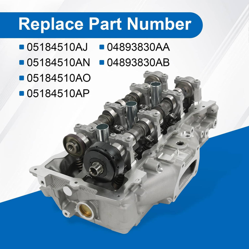 Cylinder head assembly in angled view with camshafts, silver housing and black rollers