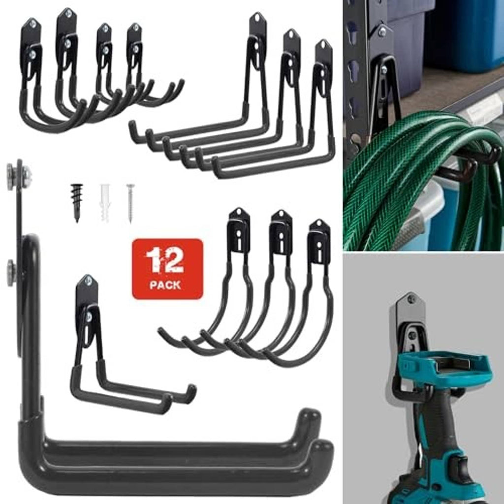 Set of 12 black adjustable shelving hooks, with mounting screws and bolts included.