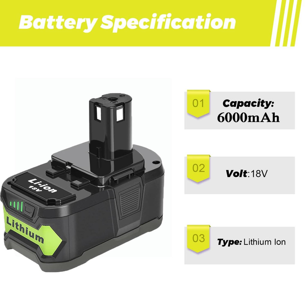 Black battery pack with 6000mAh, 18V, and lithium-ion spec callouts