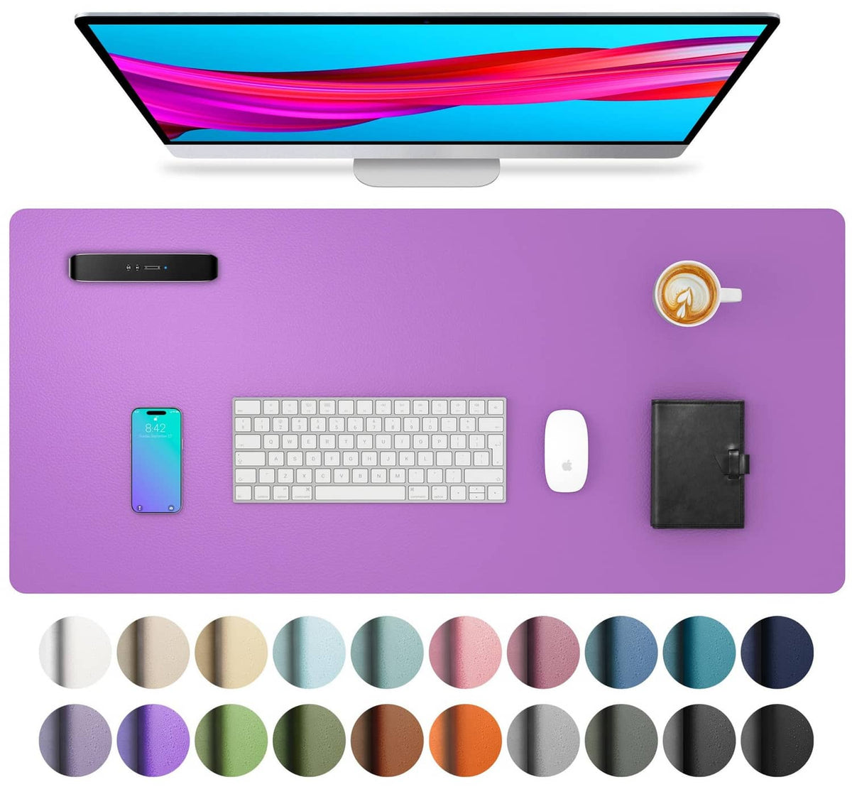 Purple leather desk pad protector with smooth rectangular surface
