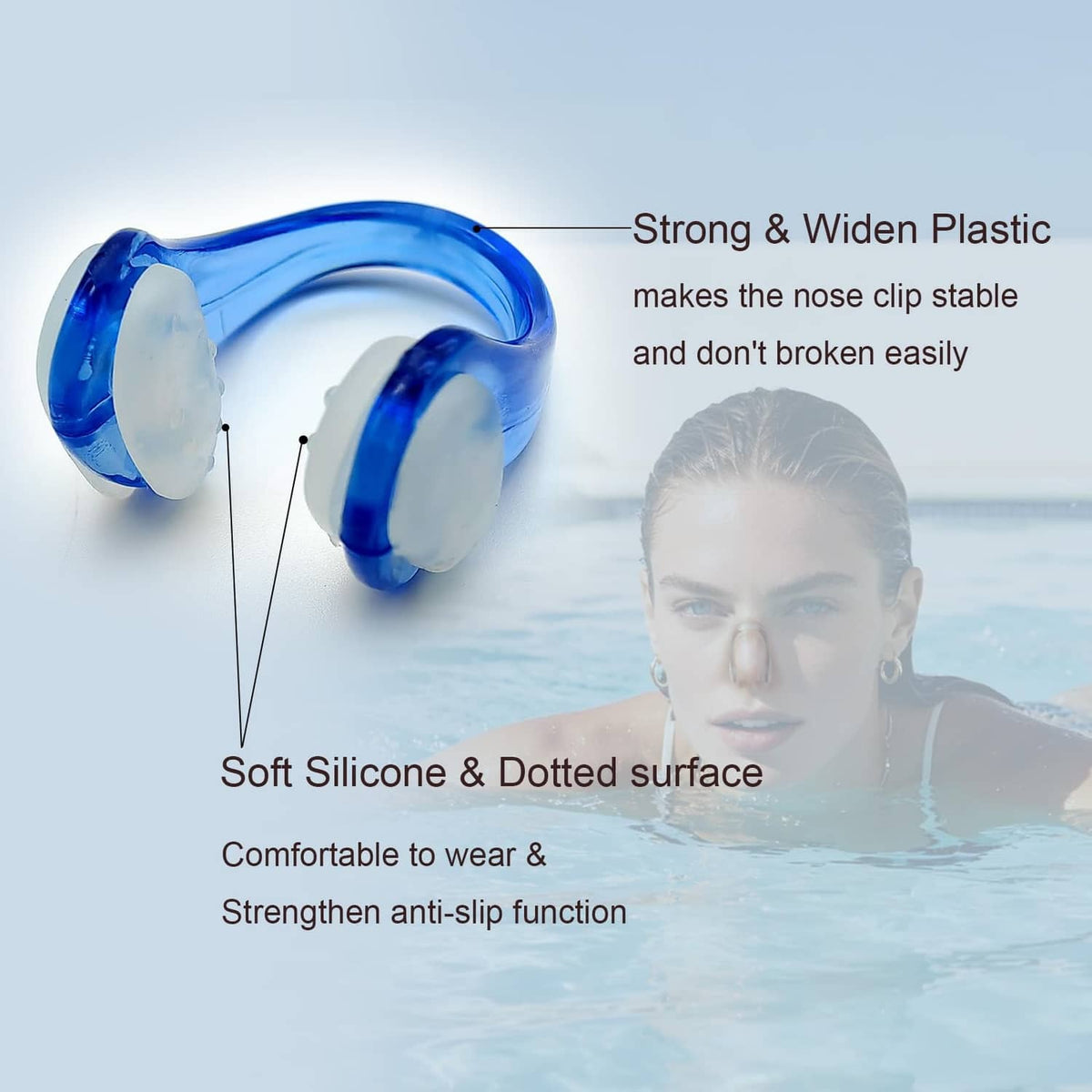 Blue silicone swimming nose clip with soft, non-slip edge and wide contact surface