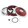 Washable round red air cleaner filter kit with chrome housing, gasket, and stud.