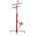 Red drywall hoist with vertical column, telescoping crossbar arms, and caster wheels