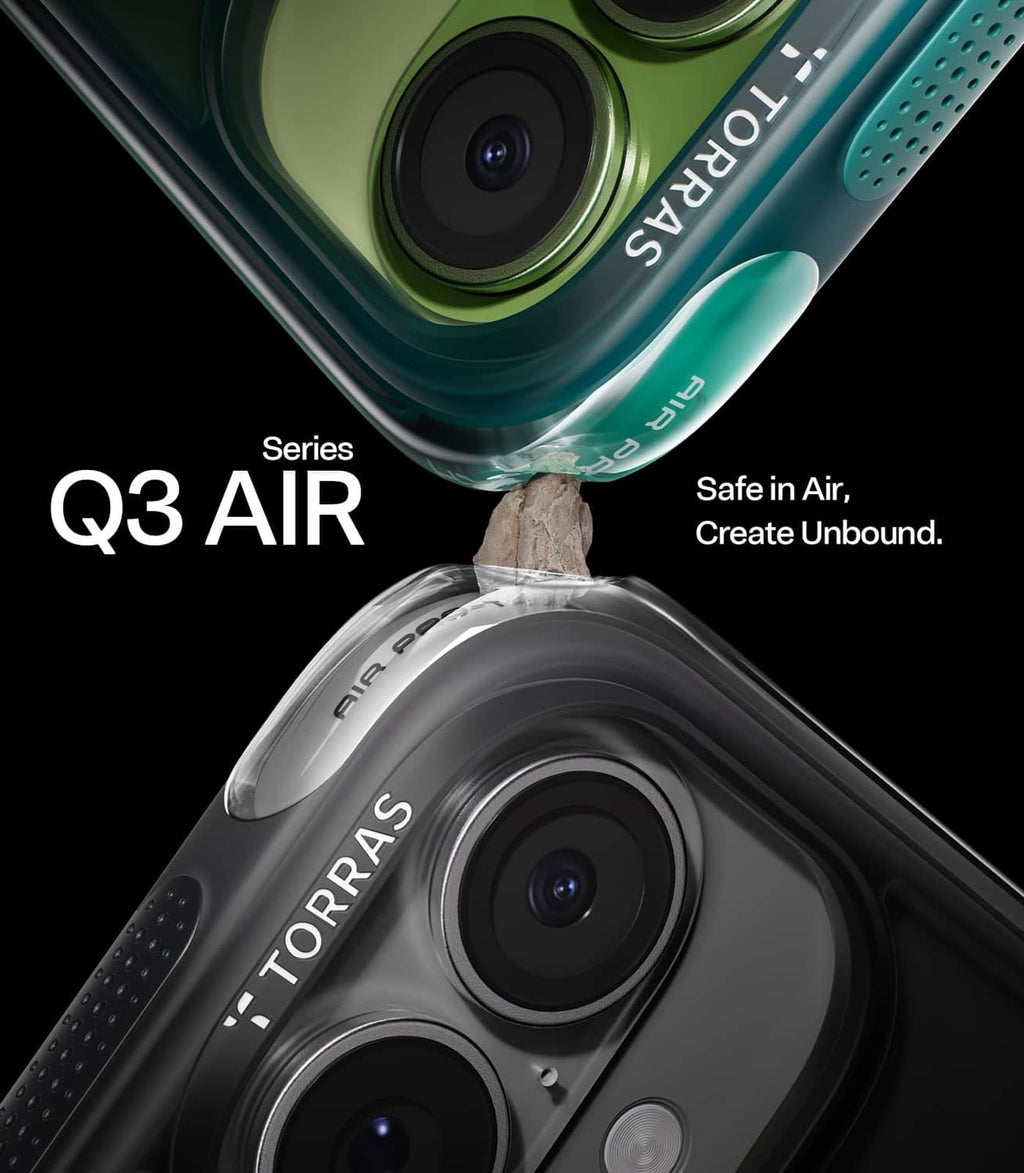 Teal phone case angled view with raised stand ring and dual camera cutouts