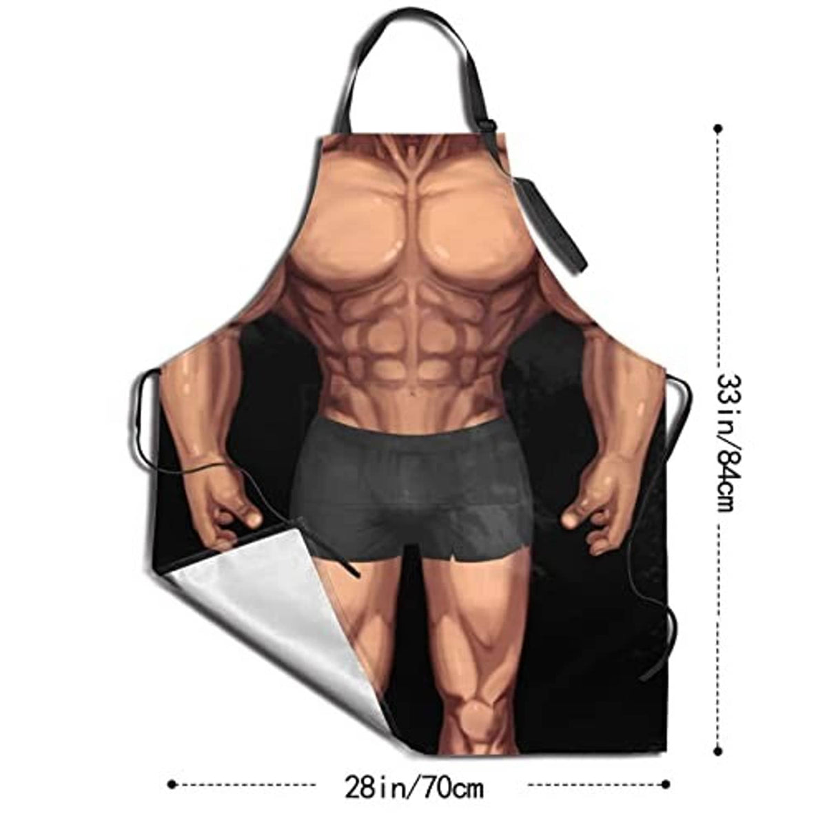 Black waterproof apron with muscular print; adjustable straps, two front pockets