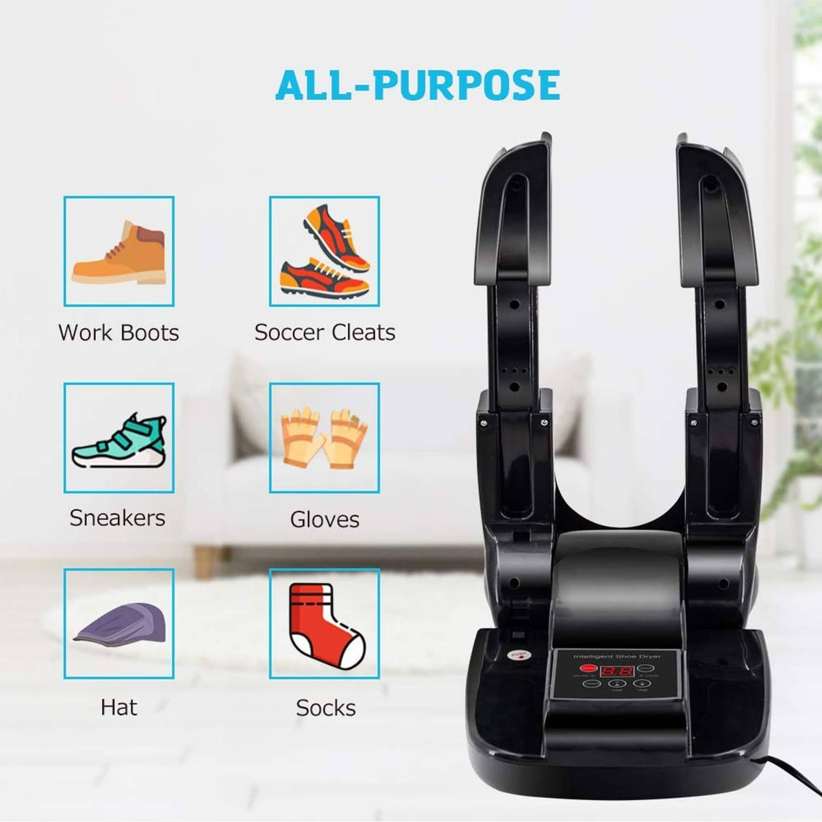 Black shoe dryer with two adjustable arms and on-screen category icons