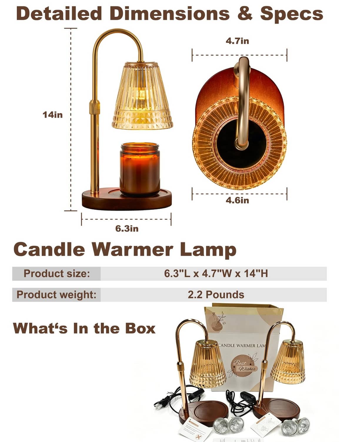 Candle warmer lamp product diagram showing gold stand, glass shade, and jar warmer