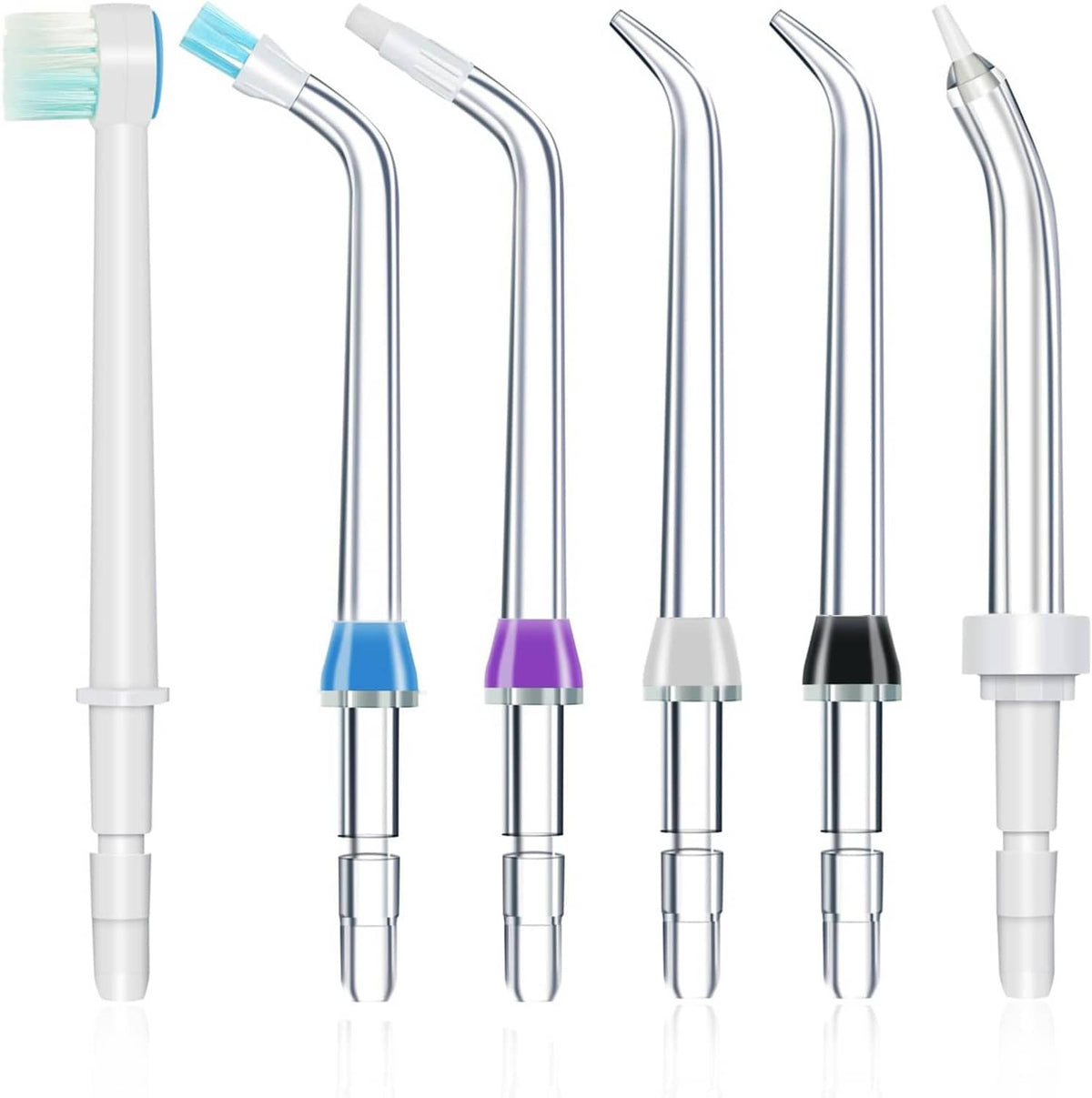 Water flosser replacement jet tips set with multiple curved nozzles and rings