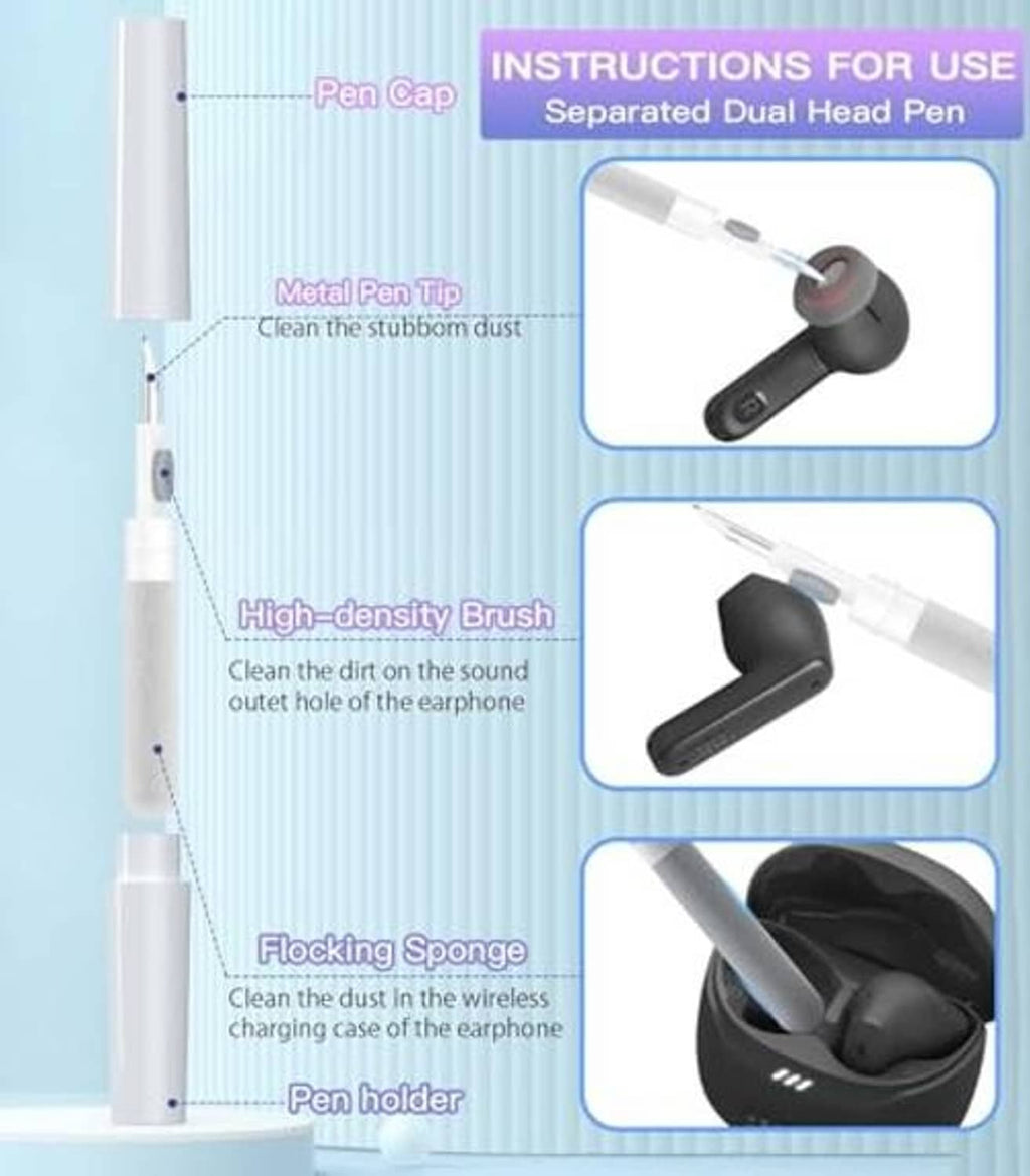 Earbud cleaner kit with dual-head brush and flocked cleaning sponge