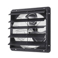Wall-mounted shutter exhaust fan with side view of fan blades inside dark shutter housing