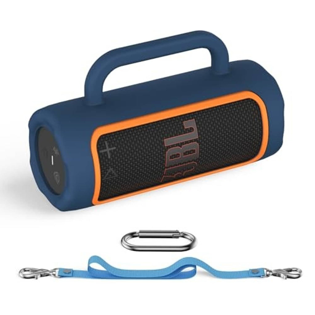 Blue silicone speaker cover with orange trim, front logo window and carry handle