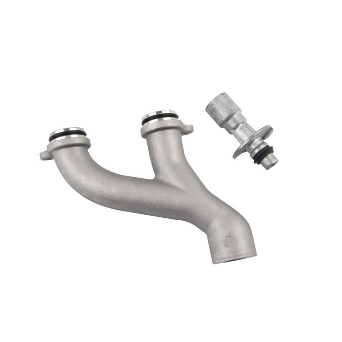 Silver metal coolant pipe with two coupler ends and a small connector piece