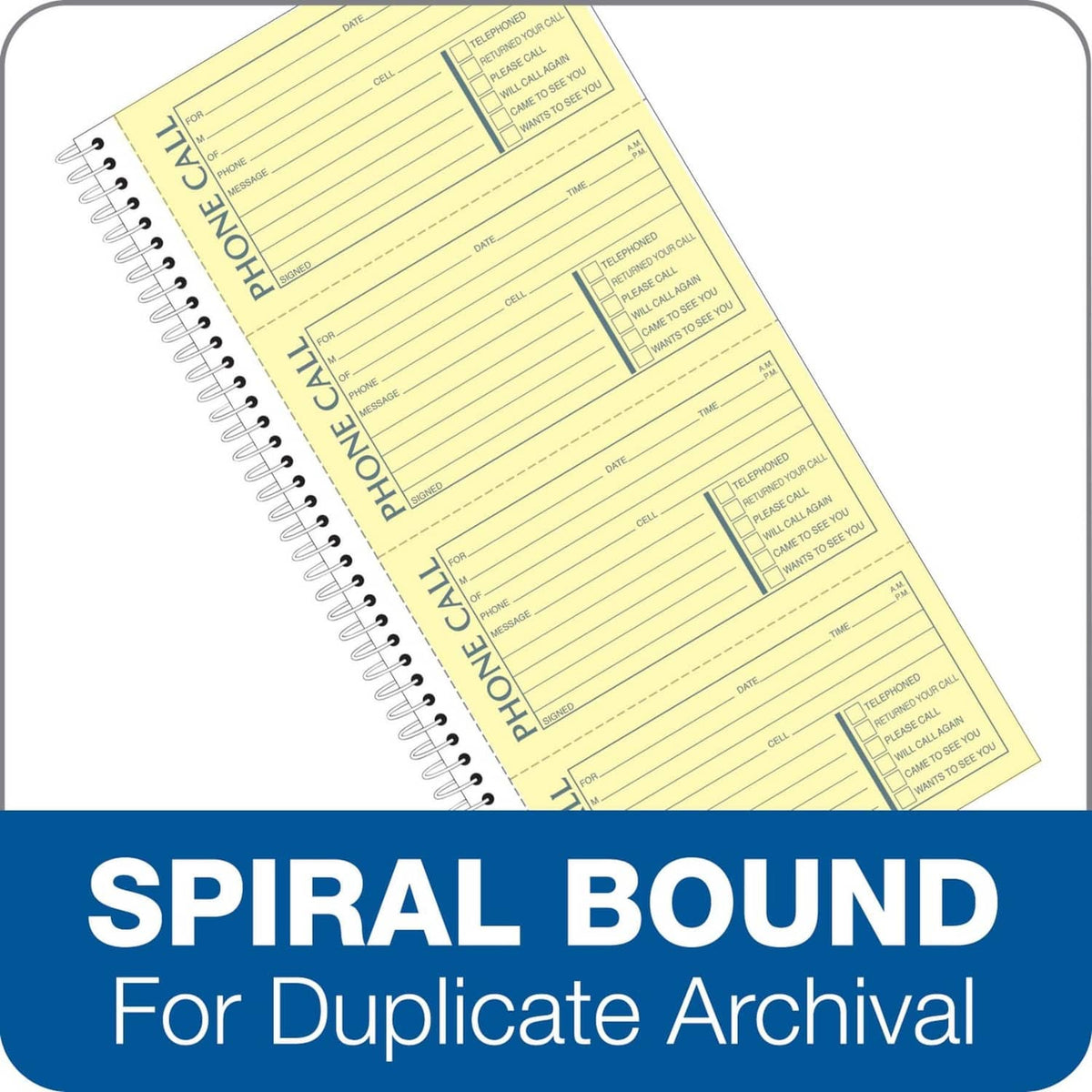 Spiral-bound phone message book for duplicate archival, yellow 2-part pages