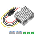 Grey DC power converter with ribbed aluminum heat sink and attached wire leads
