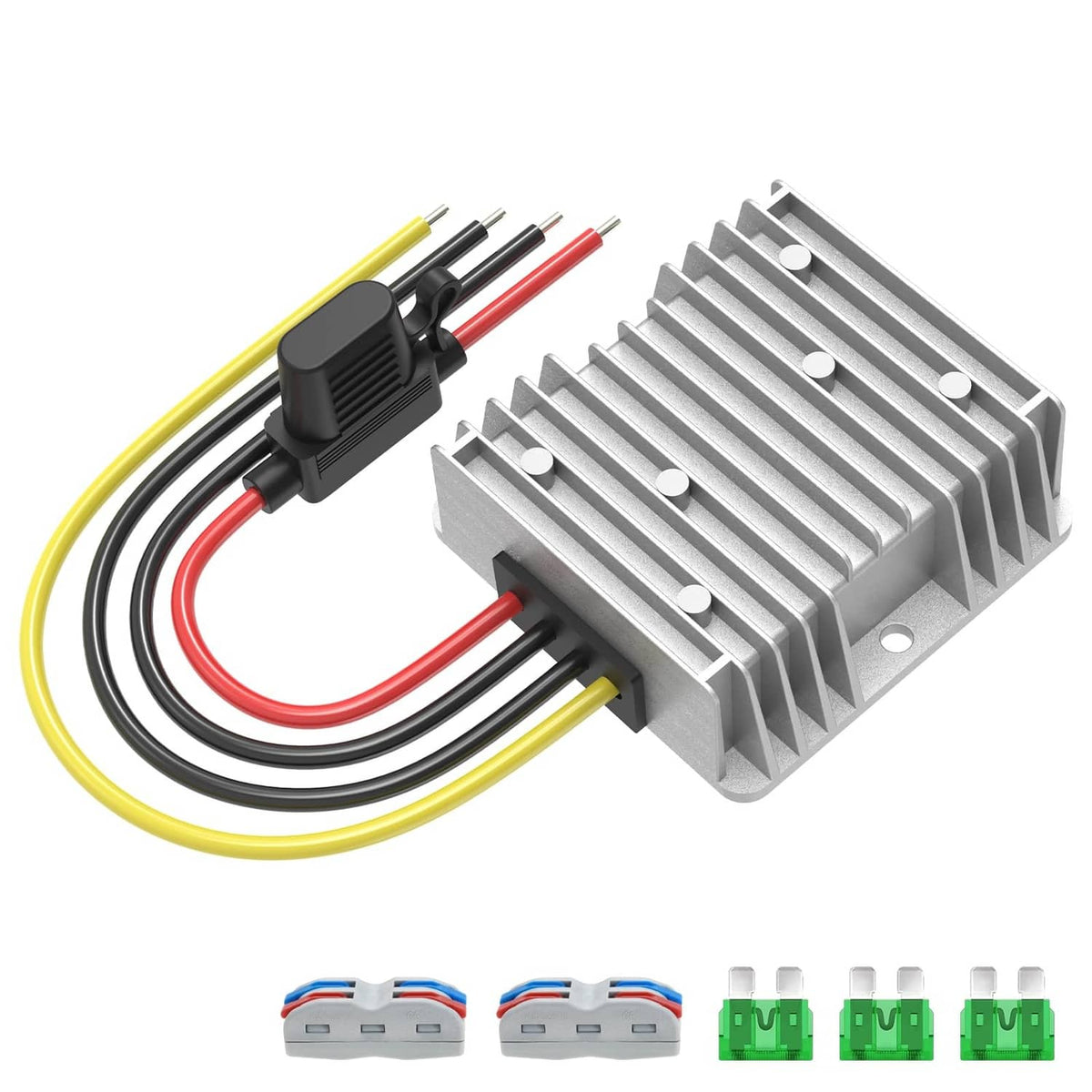 Grey DC power converter with ribbed aluminum heat sink and attached wire leads
