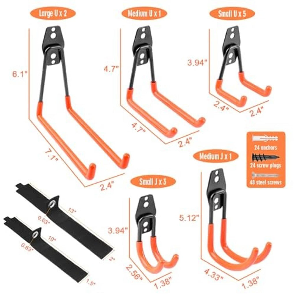 Garage hook set size chart showing large, medium, and small hook shapes