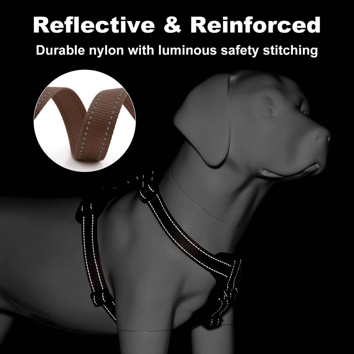 Brown reflective dog harness with reinforced stitching and leather-look trim